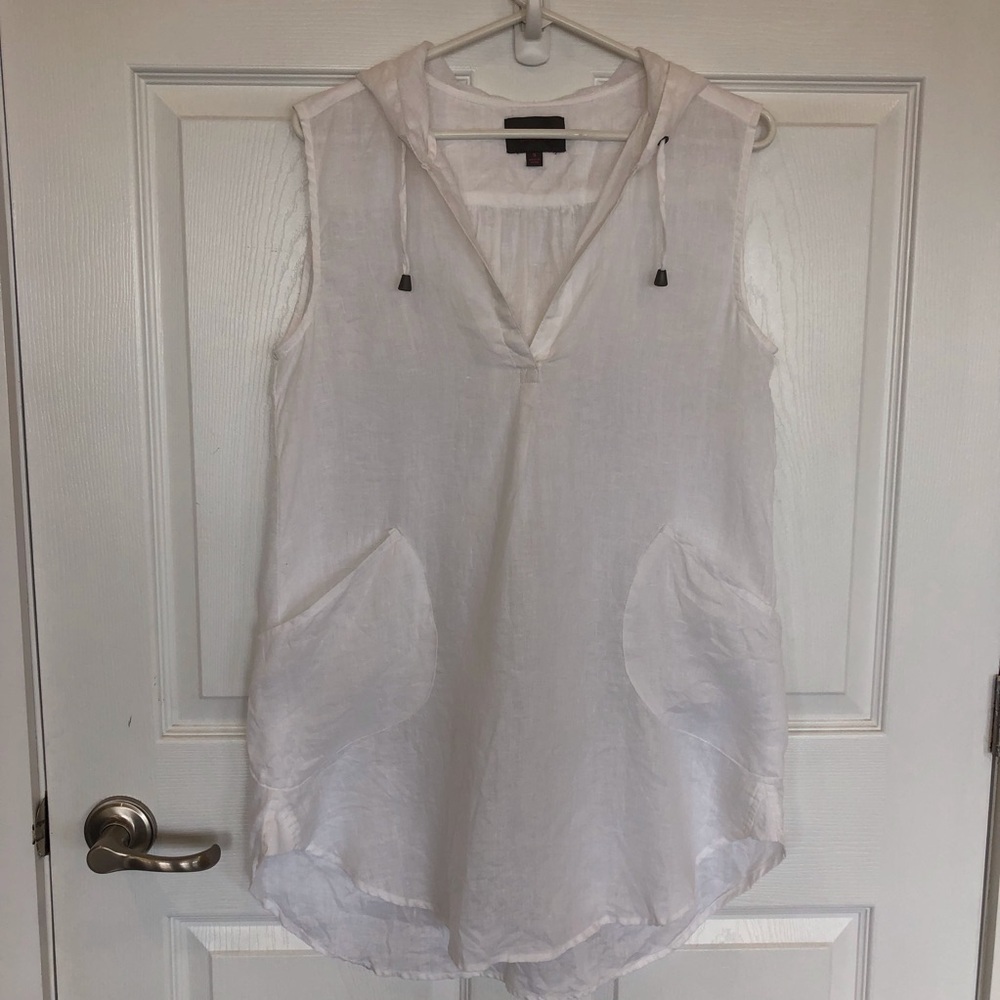 Linen beachy swimsuit coverup white sleeveless pockets hooded loose fit Size S